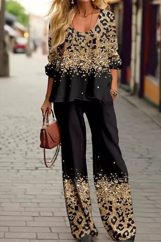 Print Leopard Contrast V Neck Long Sleeve Two Pieces