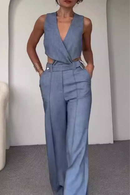 British Style Buttons V Neck Sleeveless Two Pieces