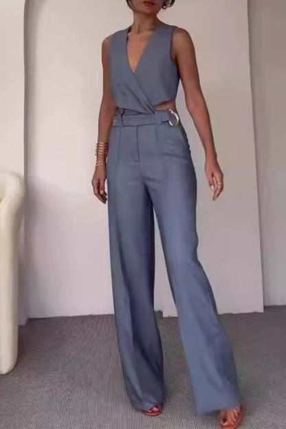 British Style Buttons V Neck Sleeveless Two Pieces