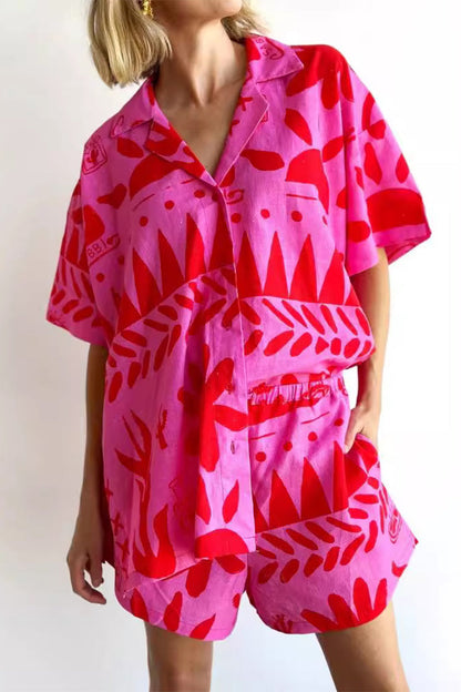 Street Patchwork Turndown Collar Short Sleeve Two Pieces