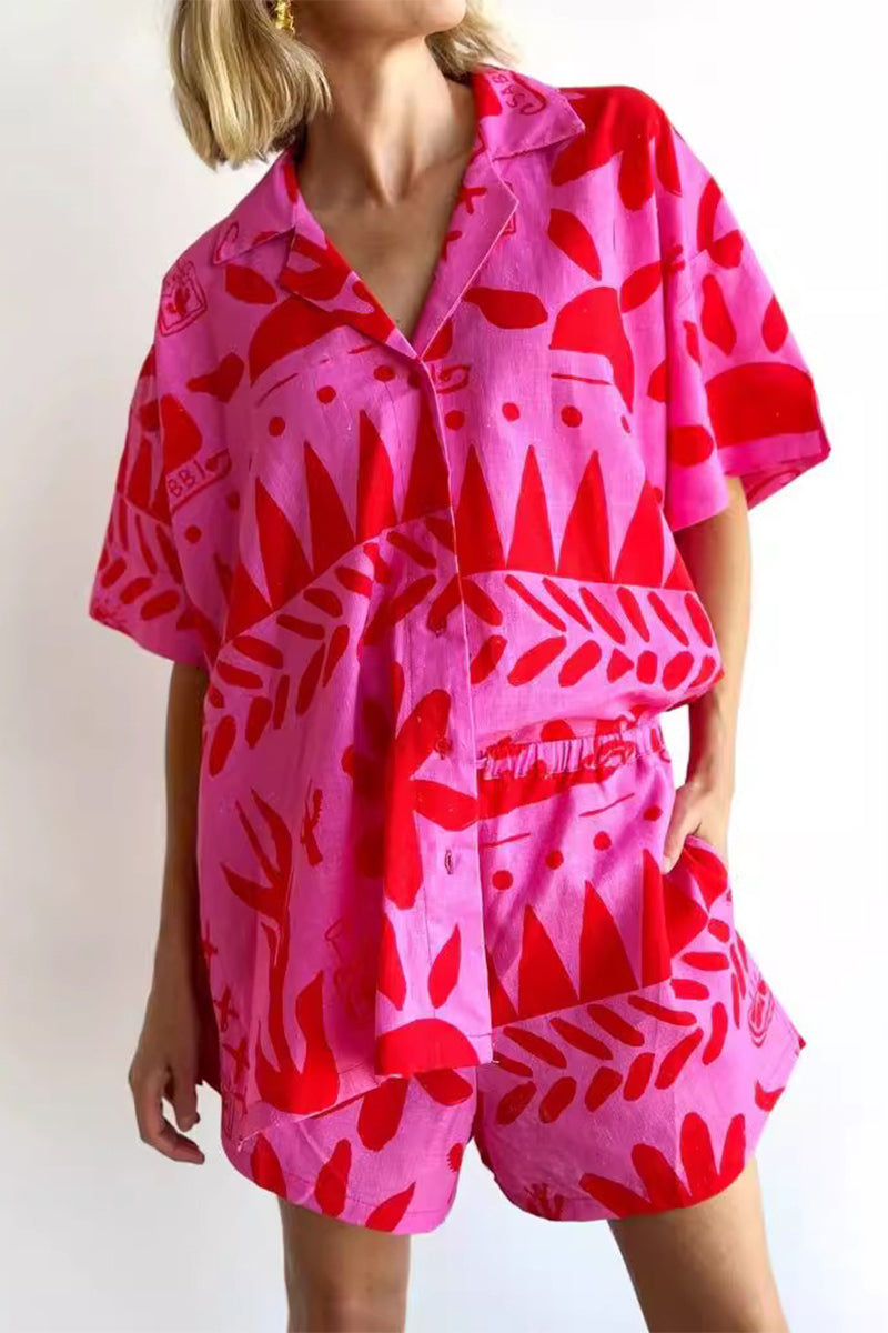 Street Patchwork Turndown Collar Short Sleeve Two Pieces