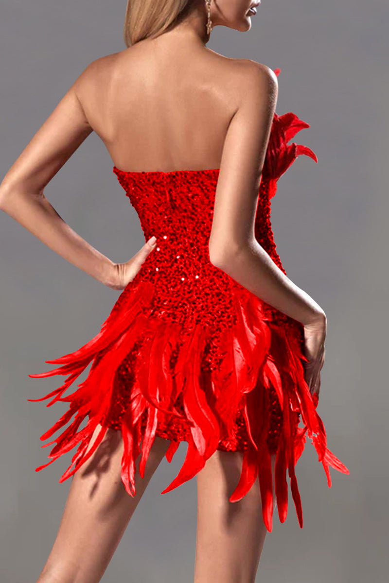 Sequins Patchwork Feathers Zipper Strapless Wrapped Skirt Dresses