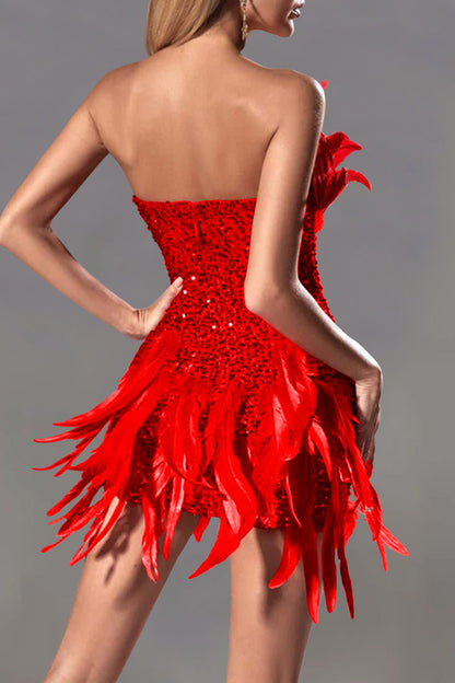 Sequins Patchwork Feathers Zipper Strapless Wrapped Skirt Dresses