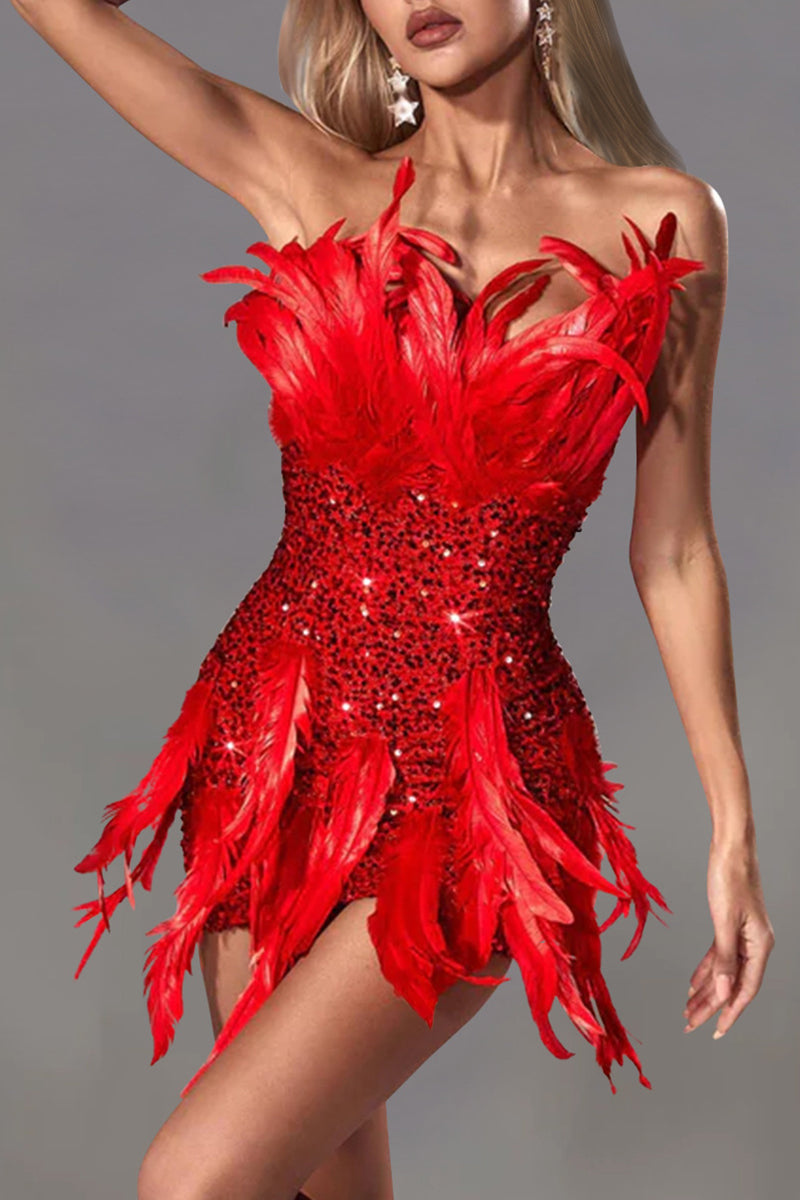 Sequins Patchwork Feathers Zipper Strapless Wrapped Skirt Dresses