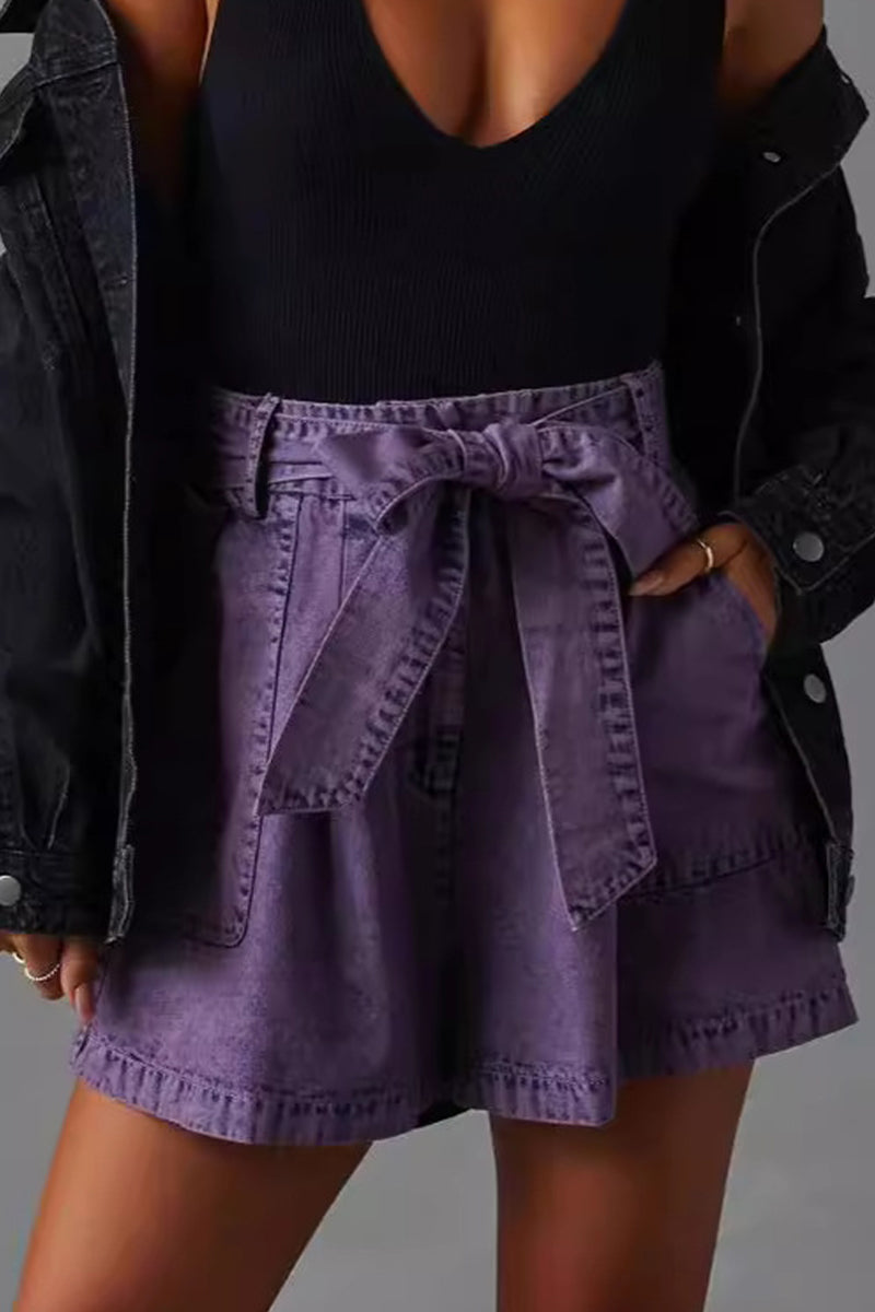 Bandage Make Old Pocket High Waist Denim Shorts