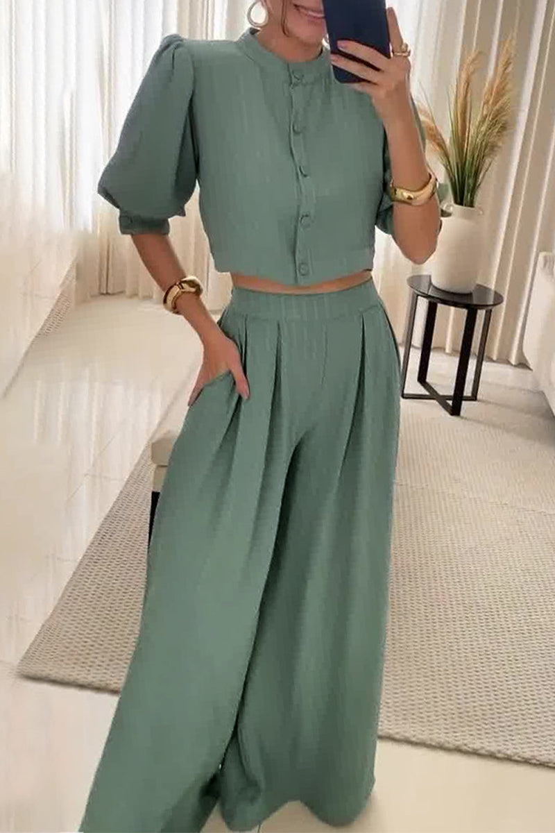 Striped Pocket Buttons O Neck Half Sleeve Two Pieces