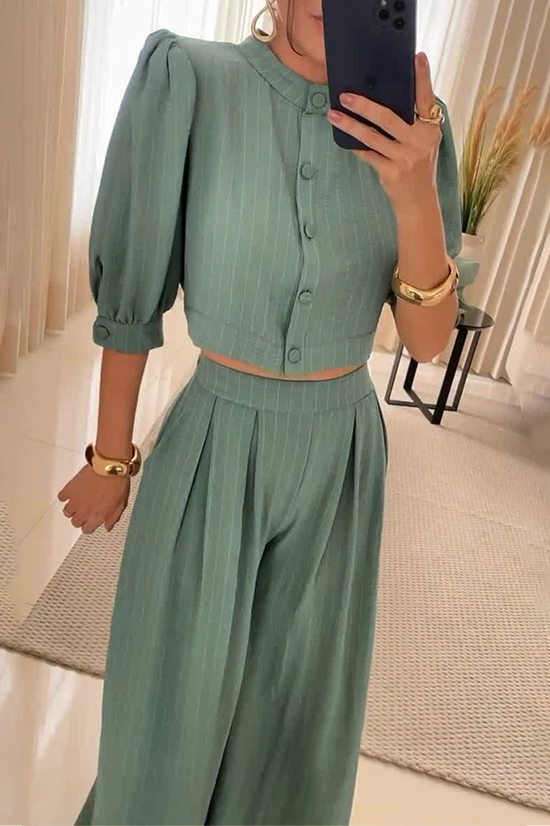 Striped Pocket Buttons O Neck Half Sleeve Two Pieces