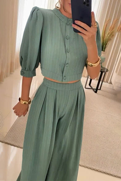 Striped Pocket Buttons O Neck Half Sleeve Two Pieces