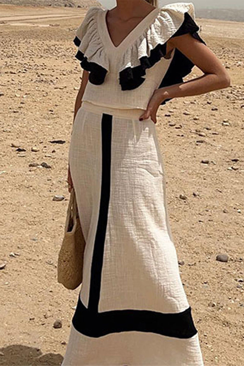 Patchwork Flounce Fold V Neck Sleeveless Two Pieces