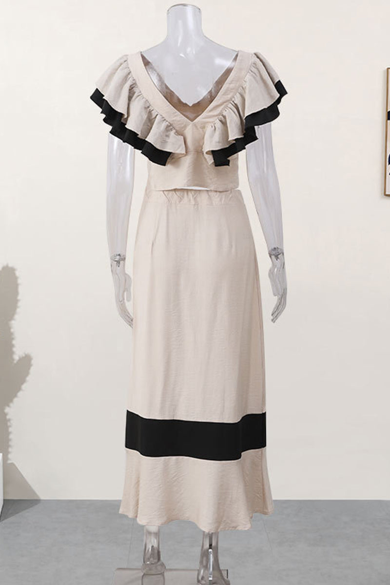 Patchwork Flounce Fold V Neck Sleeveless Two Pieces