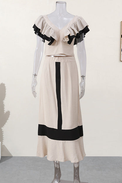 Patchwork Flounce Fold V Neck Sleeveless Two Pieces