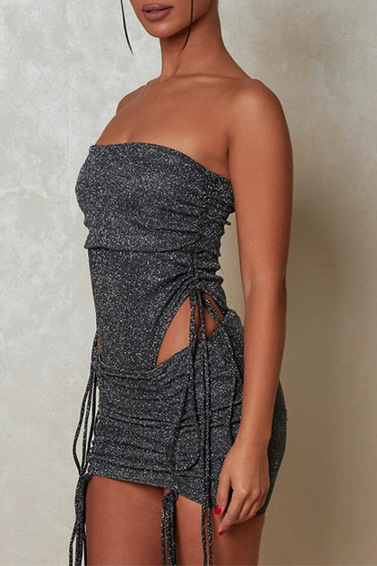 Draw String Sequined Strapless Sleeveless Two Pieces