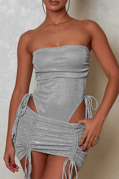 Draw String Sequined Strapless Sleeveless Two Pieces