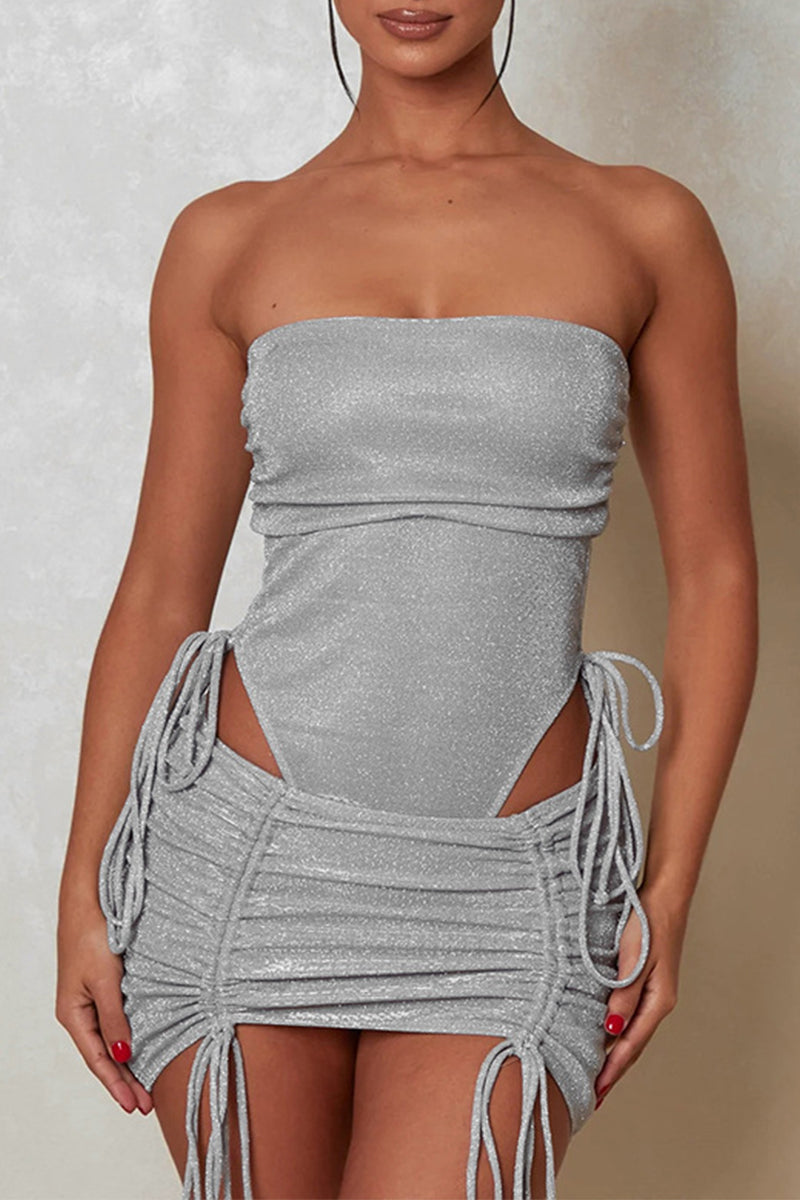 Draw String Sequined Strapless Sleeveless Two Pieces