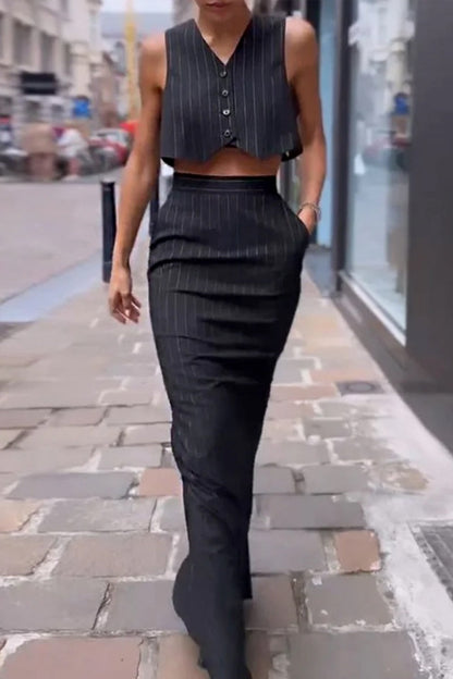 Striped Patchwork Pocket V Neck Sleeveless Two Pieces