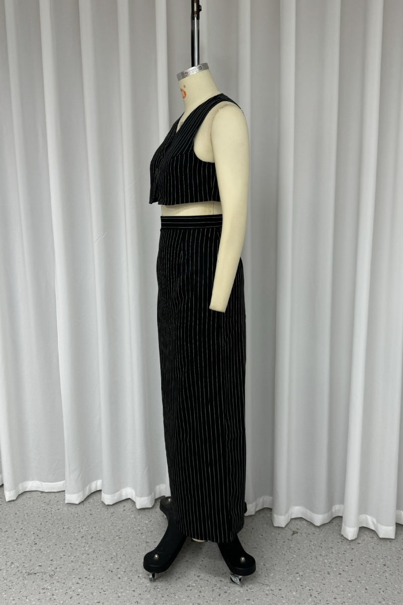 Striped Patchwork Pocket V Neck Sleeveless Two Pieces