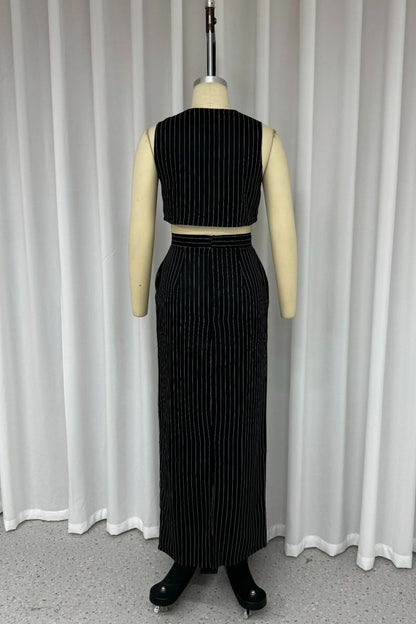 Striped Patchwork Pocket V Neck Sleeveless Two Pieces