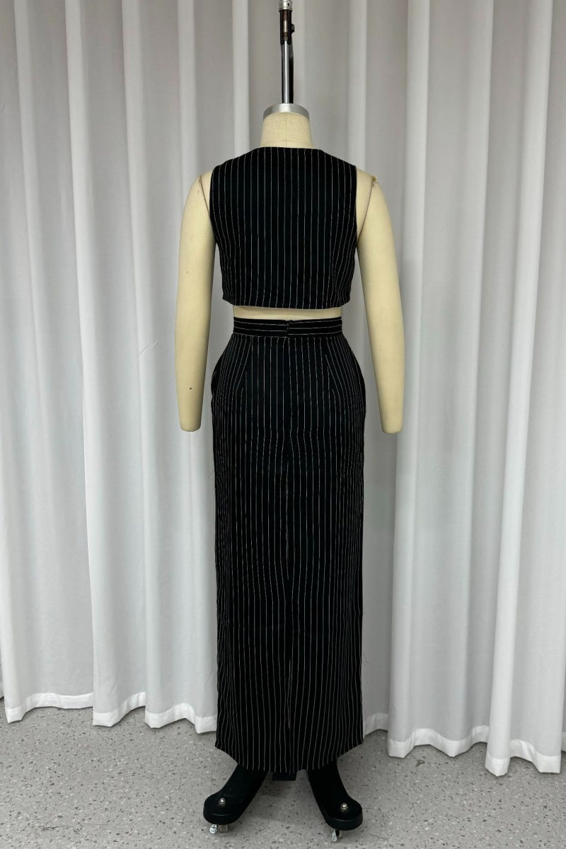 Striped Patchwork Pocket V Neck Sleeveless Two Pieces