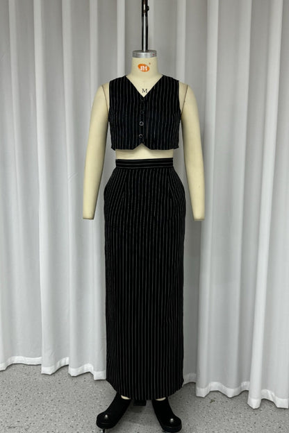 Striped Patchwork Pocket V Neck Sleeveless Two Pieces