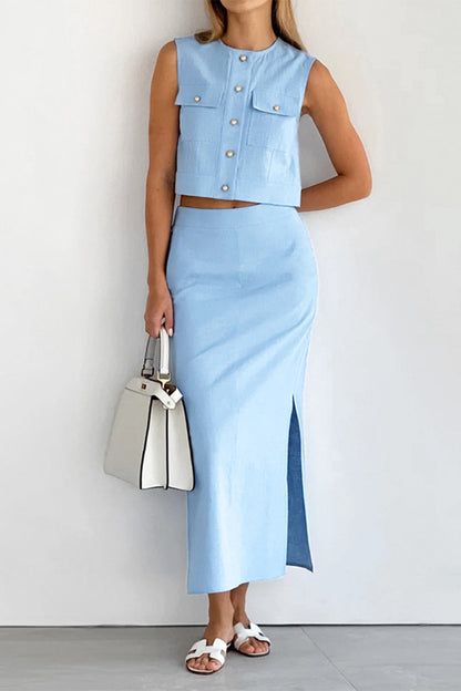 Simplicity Buttons Slit O Neck Sleeveless Two Pieces