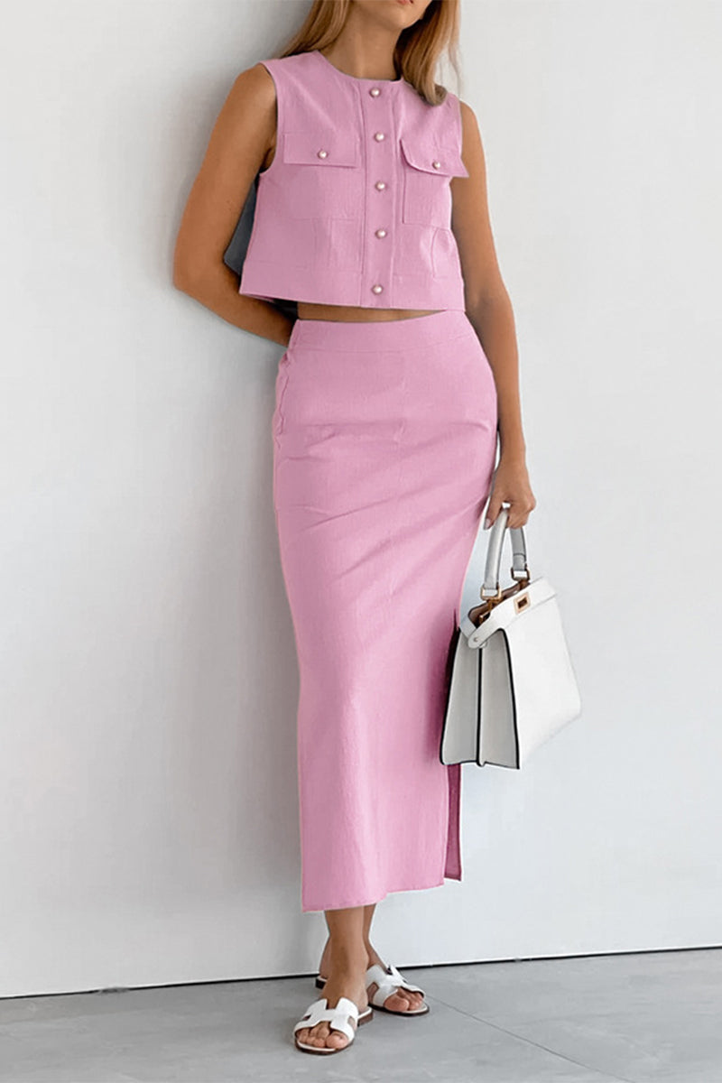 Simplicity Buttons Slit O Neck Sleeveless Two Pieces