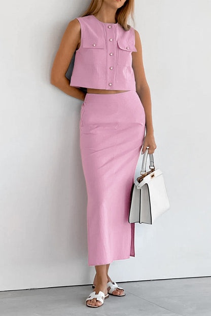 Simplicity Buttons Slit O Neck Sleeveless Two Pieces