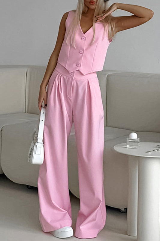 Street Pocket Buttons V Neck Sleeveless Two Pieces