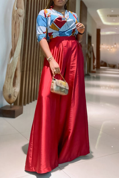 Print Patchwork V Neck Half Sleeve Two Pieces