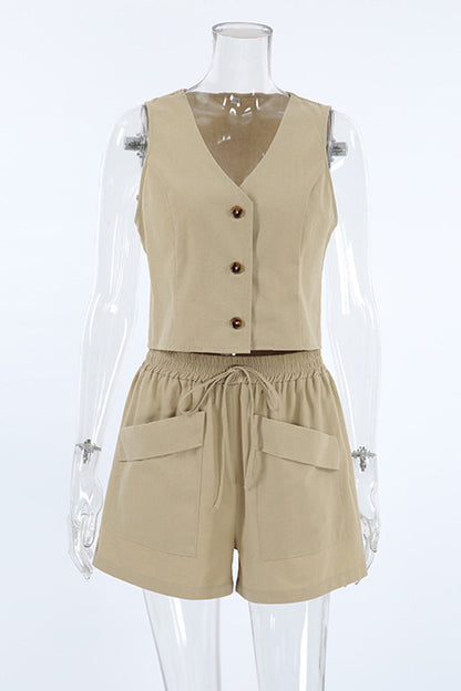 Daily Pocket Buttons V Neck Sleeveless Two Pieces