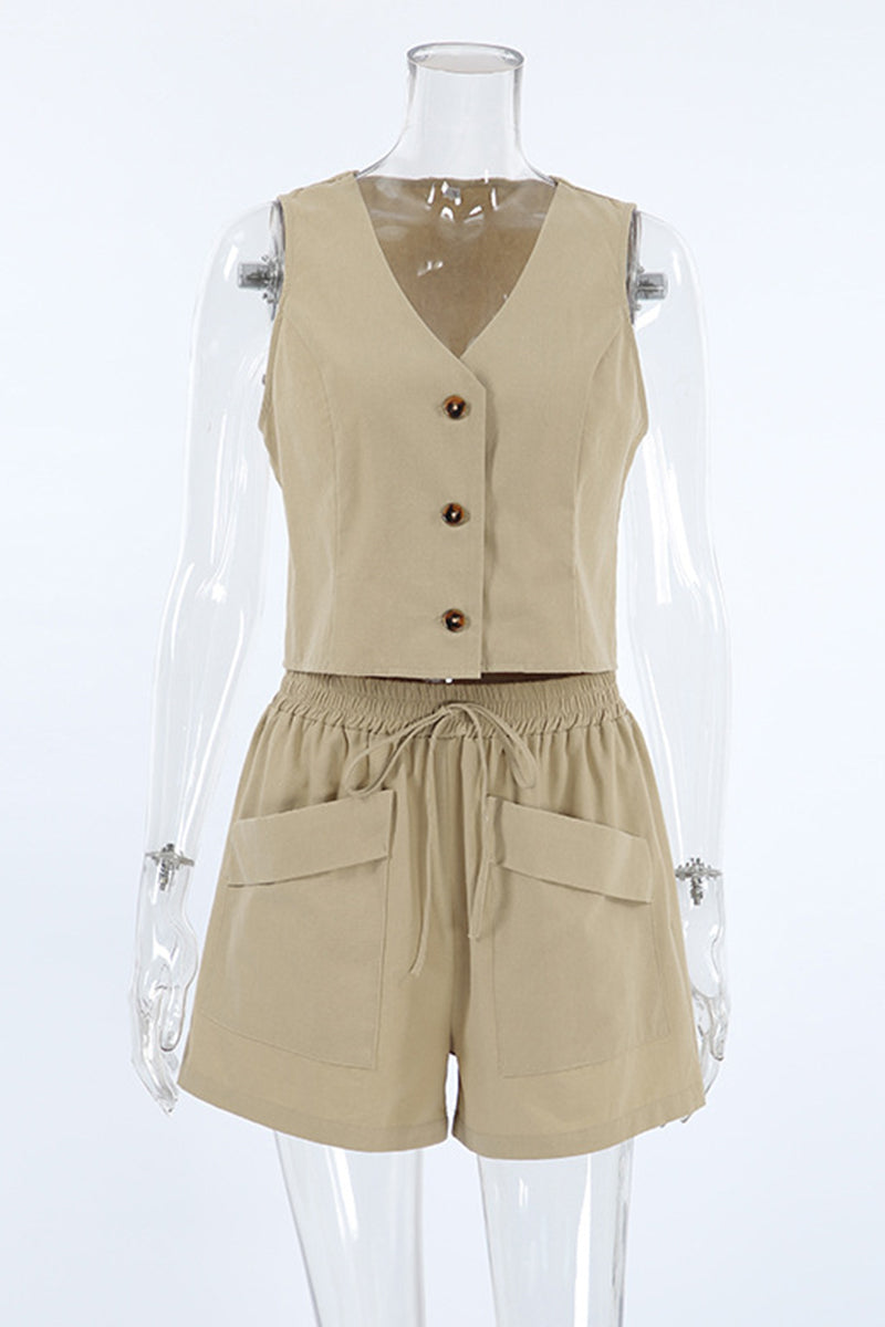 Daily Pocket Buttons V Neck Sleeveless Two Pieces
