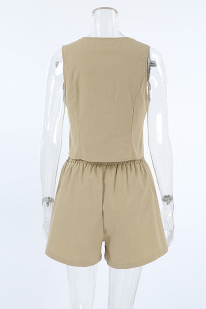 Daily Pocket Buttons V Neck Sleeveless Two Pieces