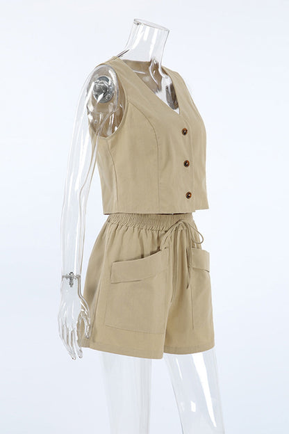 Daily Pocket Buttons V Neck Sleeveless Two Pieces