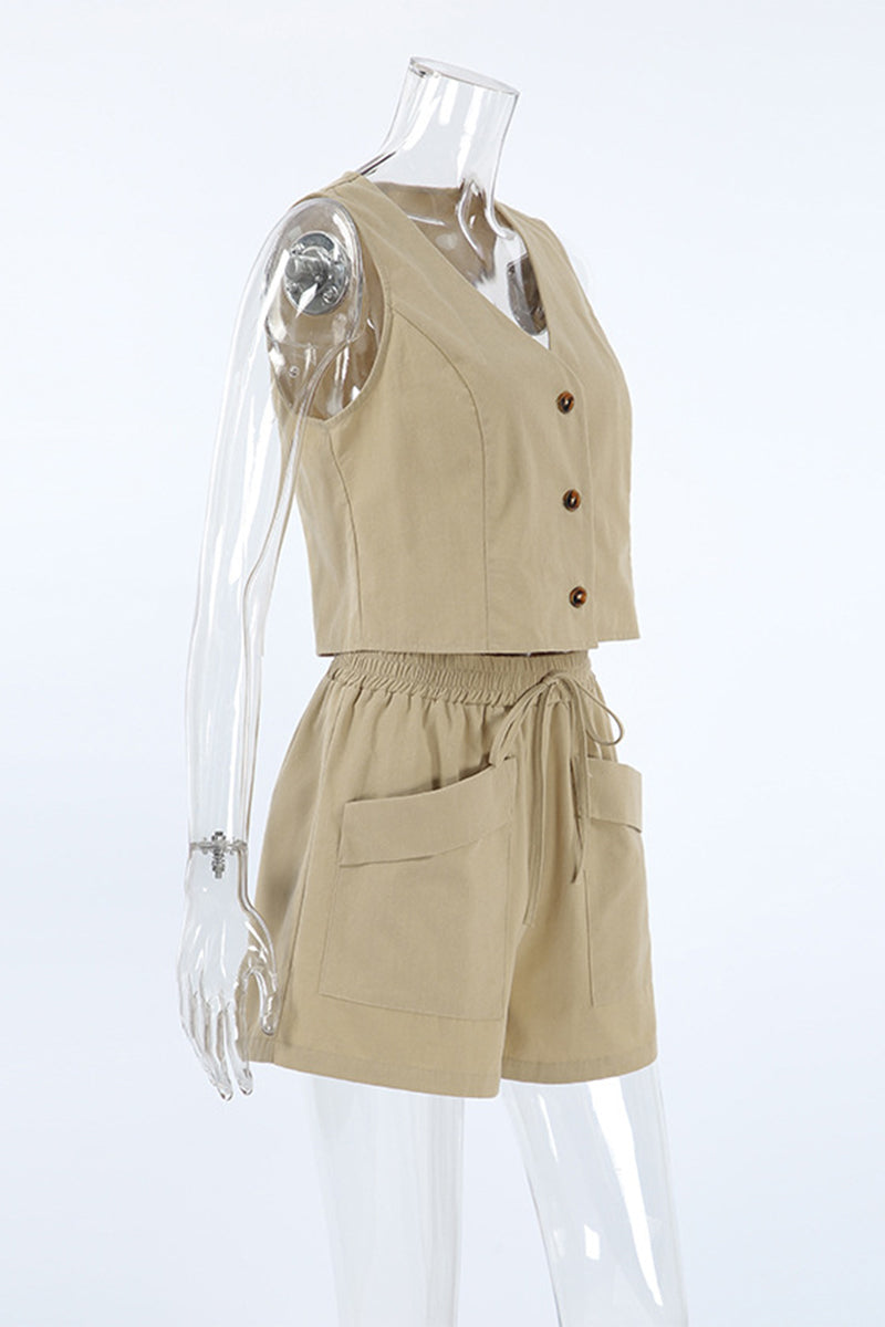 Daily Pocket Buttons V Neck Sleeveless Two Pieces