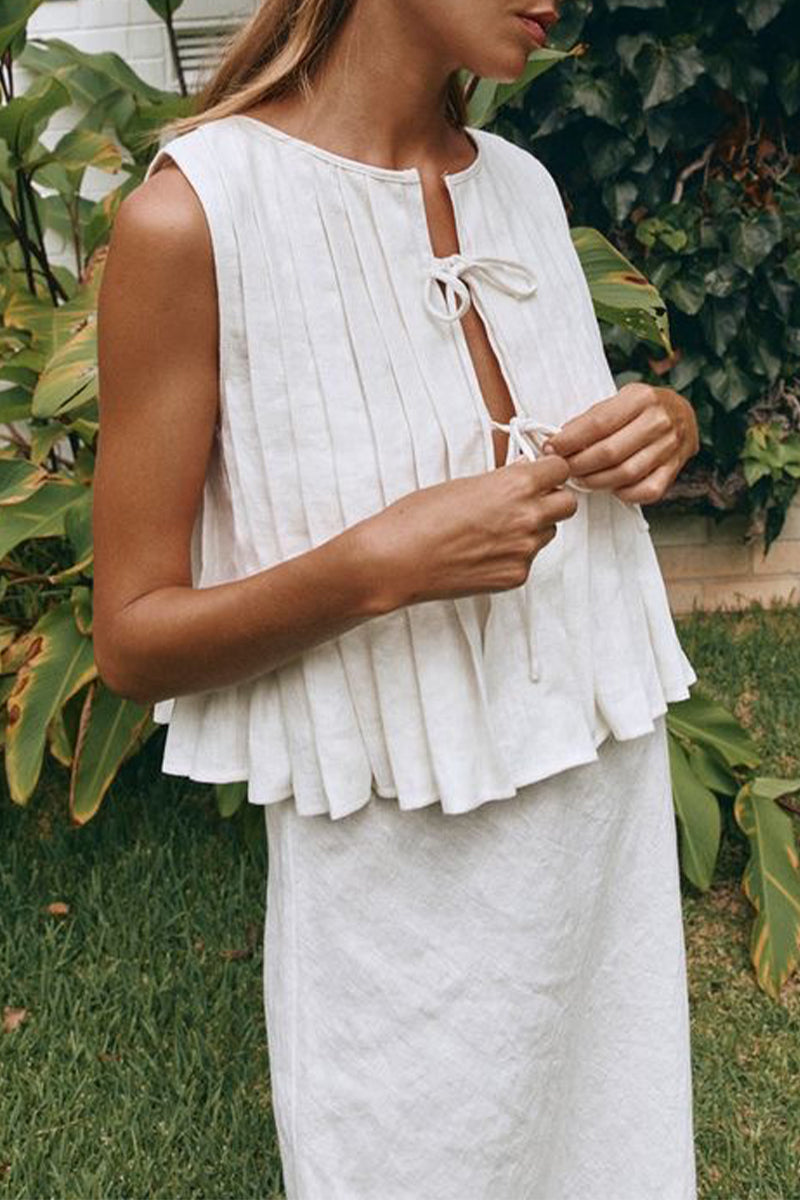 Daily Color Lace Up Ruched O Neck Sleeveless Two Pieces