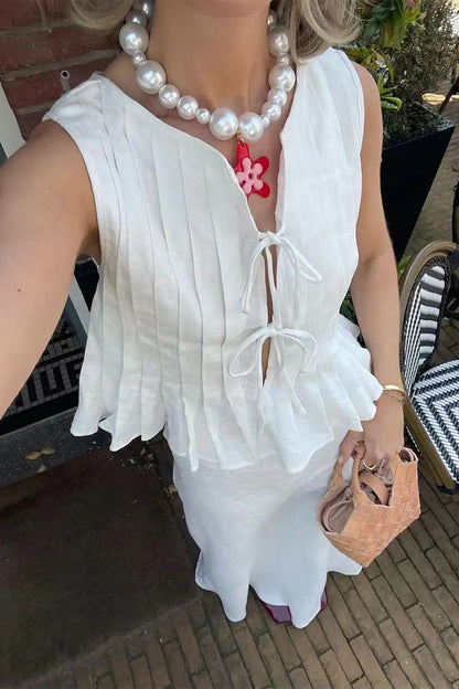 Daily Color Lace Up Ruched O Neck Sleeveless Two Pieces