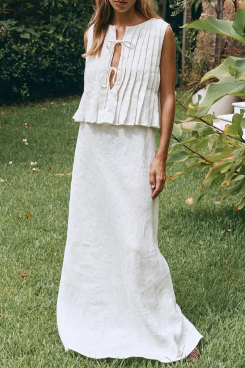 Daily Color Lace Up Ruched O Neck Sleeveless Two Pieces