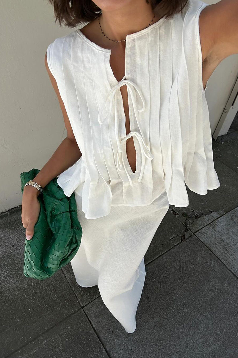 Daily Color Lace Up Ruched O Neck Sleeveless Two Pieces