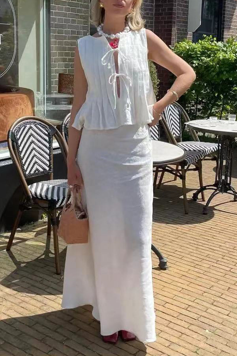 Daily Color Lace Up Ruched O Neck Sleeveless Two Pieces
