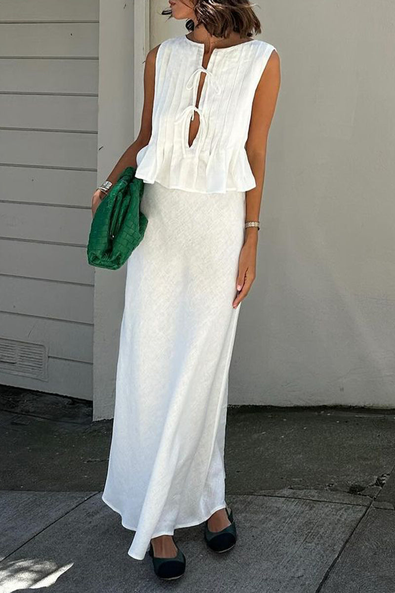 Daily Color Lace Up Ruched O Neck Sleeveless Two Pieces