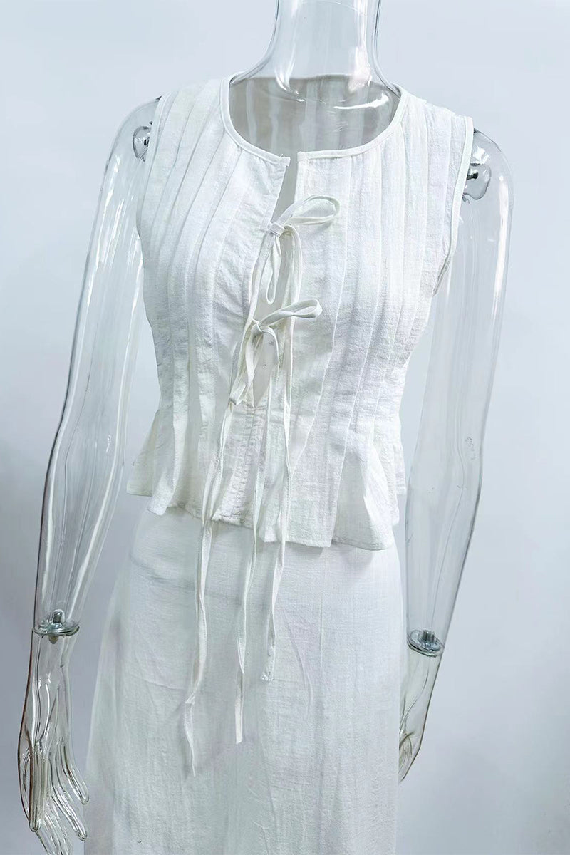 Daily Color Lace Up Ruched O Neck Sleeveless Two Pieces