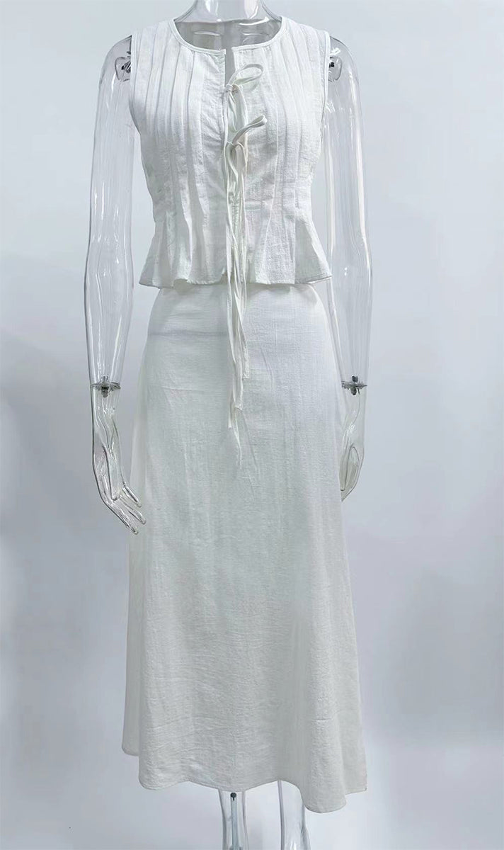 Daily Color Lace Up Ruched O Neck Sleeveless Two Pieces