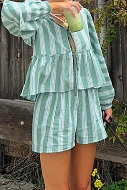 Striped Print Lace Up Contrast V Neck Sleeveless Two Pieces