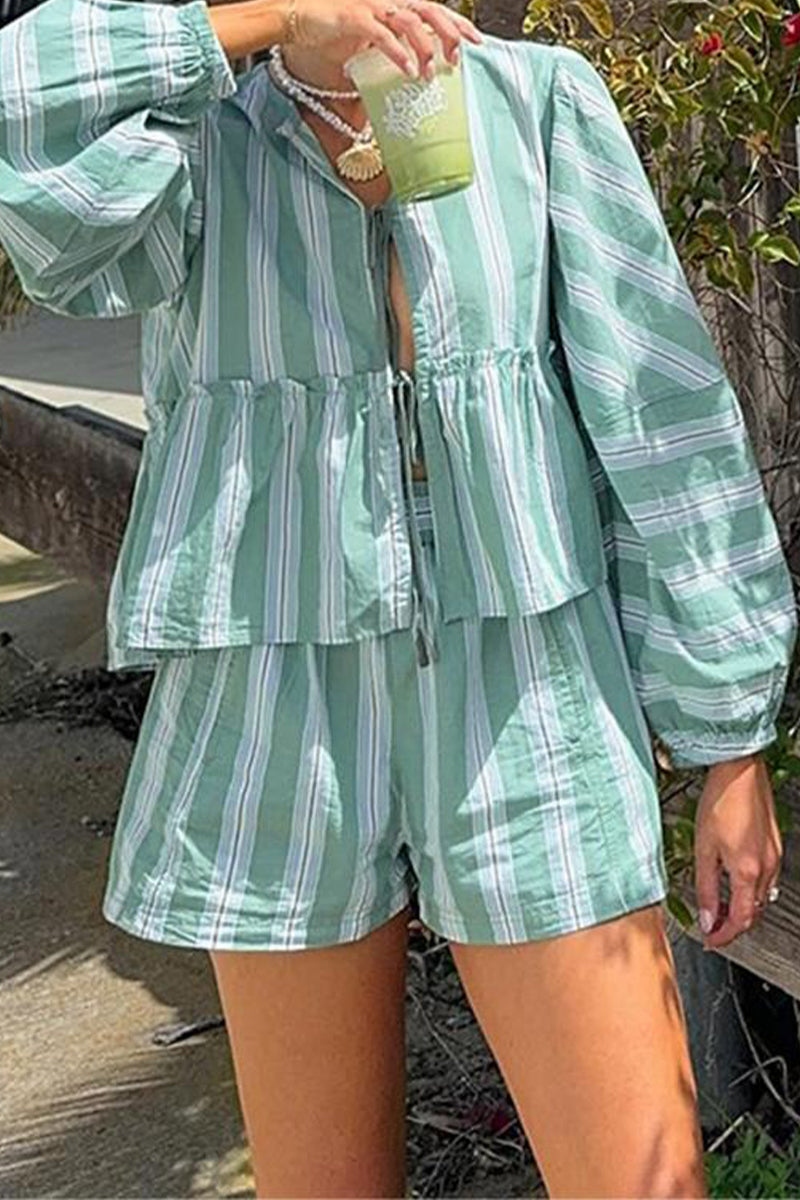 Striped Print Lace Up Contrast V Neck Sleeveless Two Pieces