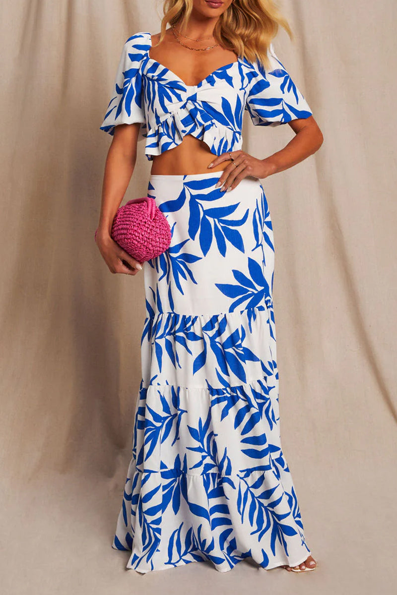 Vacation Leaf Print Contrast V Neck Short Sleeve Two Pieces