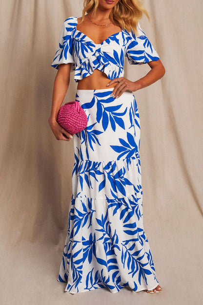 Vacation Leaf Print Contrast V Neck Short Sleeve Two Pieces
