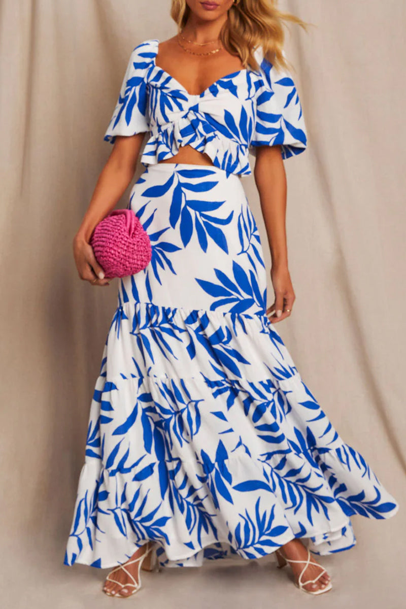 Vacation Leaf Print Contrast V Neck Short Sleeve Two Pieces