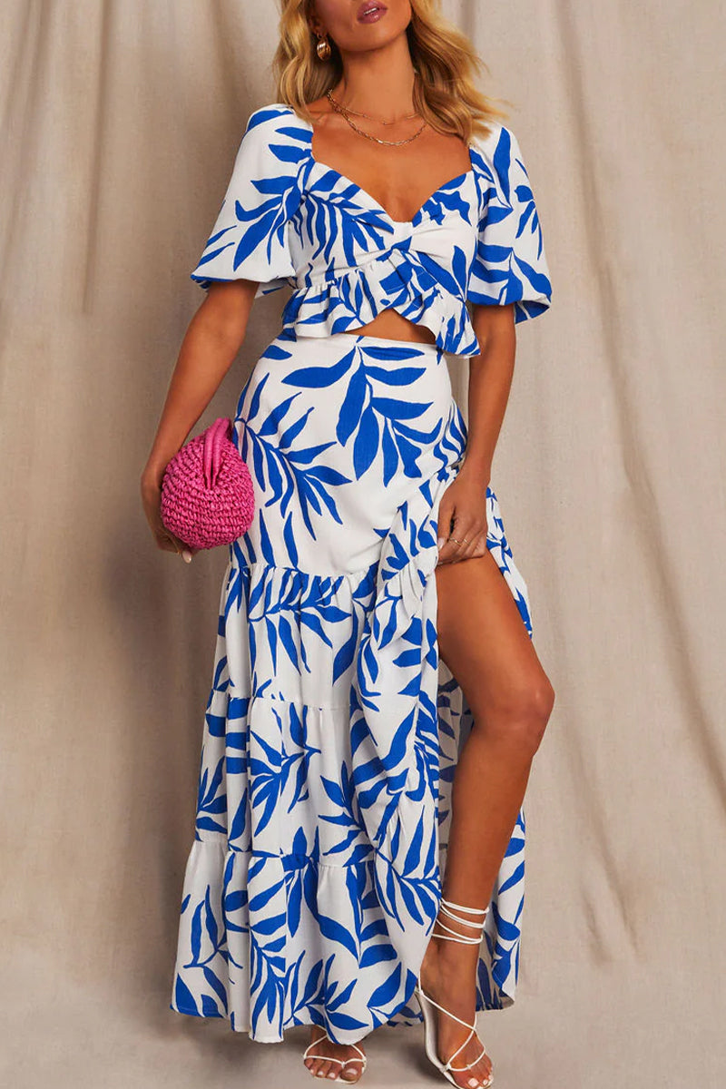 Vacation Leaf Print Contrast V Neck Short Sleeve Two Pieces