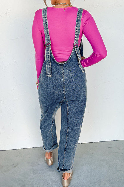 Street Color Distressed Pocket V Neck Sleeveless Loose Denim Jumpsuits