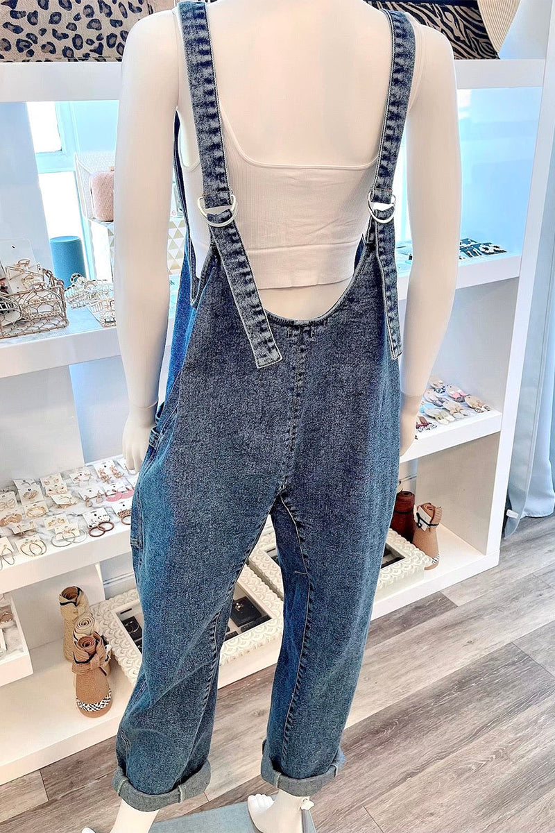 Street Color Distressed Pocket V Neck Sleeveless Loose Denim Jumpsuits
