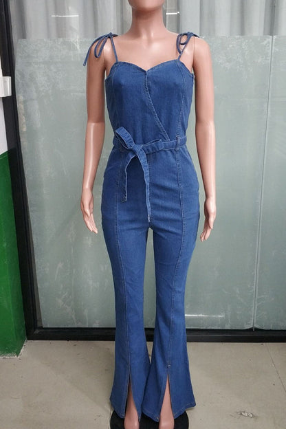 Street Color Lace Up Slit Patchwork Spaghetti Strap Regular Jumpsuits